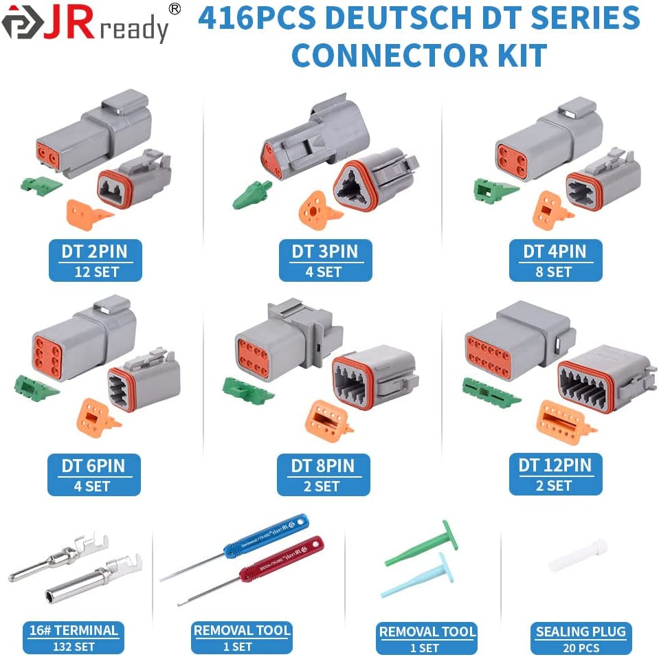 JRready ST6311 DT Deutsch Connector Kit, 416 PCS 2-12Pin Connector with Stamped Contacts Size 16 & DT Connector Removal Tool