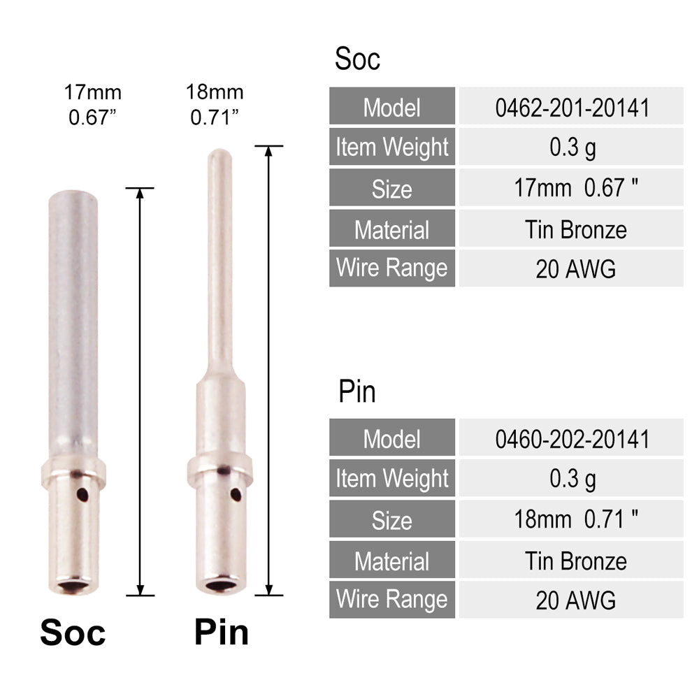 JRready ST6282 DTM Connector Deutsch Contact Size 20 Deutsch Closed Barrel  Pins Sockets Kit, Male Pins 0460-202-20141 Deutsch DTM Solid Pins/Female