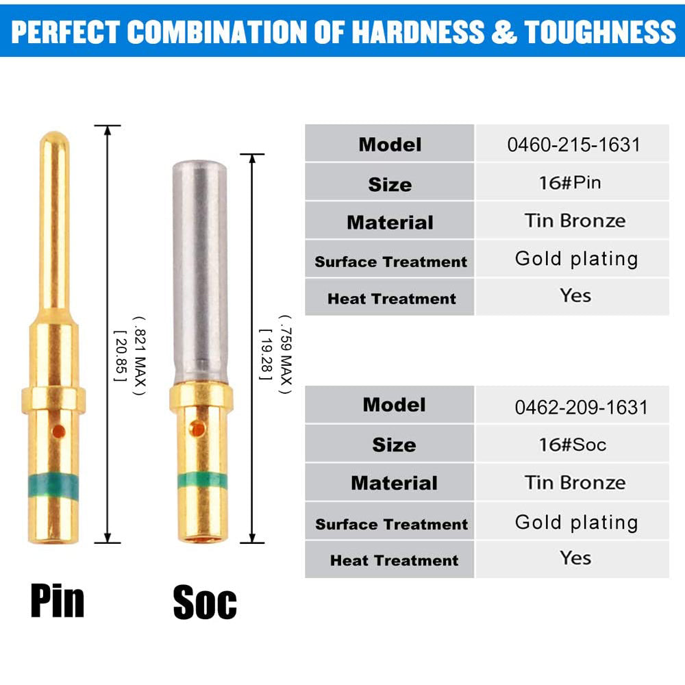 JRready ST6259 Gold-Plated DT Solid Contact Size 16: Male 0460-215-1631 and  Female 0462-209-1631 for Deutsch DT Series Connector, 30 Pairs