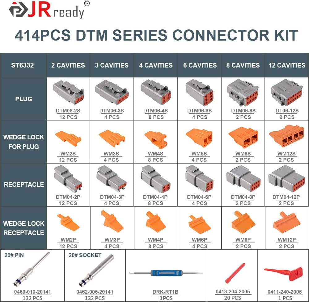 JRready ST6332 414PCS Deutsch DTM Connector Kit in 2, 3, 4, 6, 8